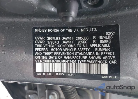 2021 Honda Civic Ex из США, поврежденный, VIN SHHFK7H63MU414451